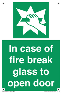 In case of fire break glass to open door